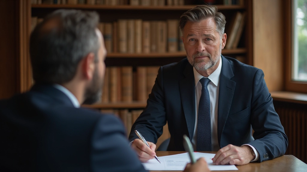 Advokat som granskar juridiska handlingar med företagare vid skrivbord